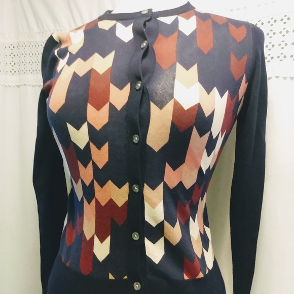 LOFT Sweaters - Ann Taylor Petite XS Cardigan Button Front Woman Cotton dark Macadamia  argyle